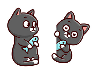 FUNNY BLACK CAT EXPRESSIOAN IS BRINGING A FISH CARTOON MASCOT SET 
