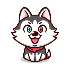 CUTE SIBERIAN HUSKY WITH DIFERENT EYES COLOR IS SITTING AND SMILING CARTOON MASCOT.
