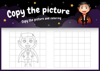 copy the picture kids game and coloring page with a cute boy using halloween costume