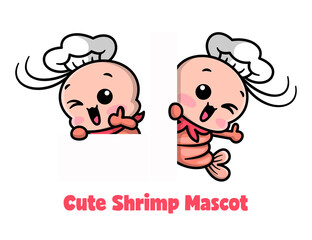 CUTE SHRIMP IS WEARING CHEF HAT AND SMILING. CARTOON MASCOT SET