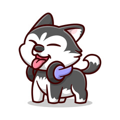 CUTE SMILING SIBERIAN HUSKY IS WEARING A HEADPHONE CARTOON MASCOT.