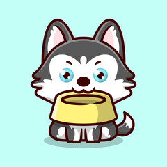 CUTE SIBERIAN HUSKY IS SITTING AND BRINGING A FOOD FEEDING BOWL CARTOON MASCOT