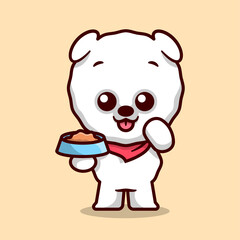 CUTE POMERANIAN DOG IS BRINGING A BOWL OF DOG FOOD CARTOON MASCOT.