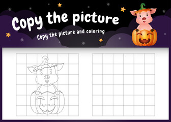 copy the picture kids game and coloring page with a cute pig using halloween costume