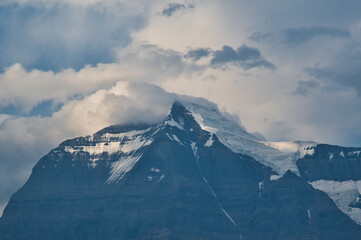 Fototapeta na wymiar A closeup of Mt. Robson's peak and the glacier. BC Canada 