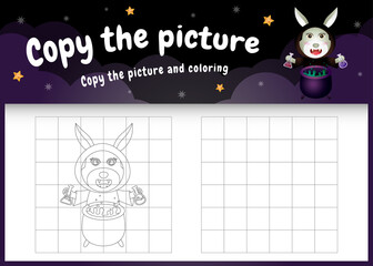 copy the picture kids game and coloring page with a cute rabbit using halloween costume