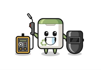Character mascot of trash can as a welder