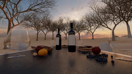 glass bottle with white label on table