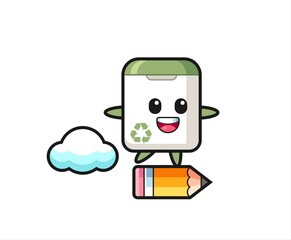 trash can mascot illustration riding on a giant pencil