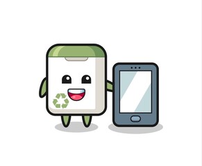 trash can illustration cartoon holding a smartphone