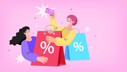 Joyful woman among discount paper bags. I Love Shopping. Black Friday sale and discounts. flat vector illustration. Women shopping with credit card. Credit card payment