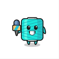 Character mascot of yarn spool as a news reporter