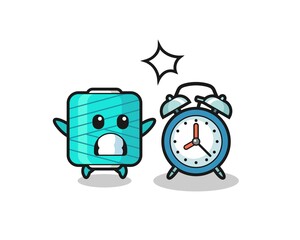 Cartoon Illustration of yarn spool is surprised with a giant alarm clock