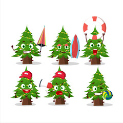 Happy Face christmas tree cartoon character playing on a beach