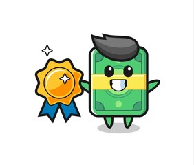money mascot illustration holding a golden badge