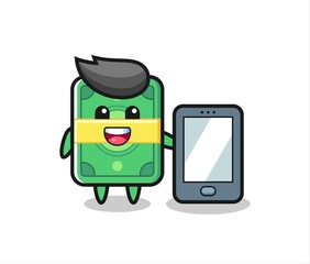money illustration cartoon holding a smartphone