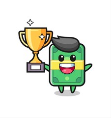 Cartoon Illustration of money is happy holding up the golden trophy