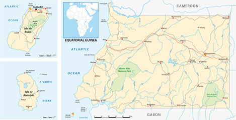 vector road and national park map of equatorial guinea  - obrazy, fototapety, plakaty