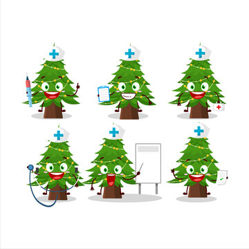 Doctor profession emoticon with christmas tree cartoon character