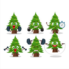 A healthy christmas tree cartoon style trying some tools on Fitness center