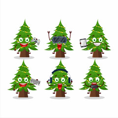 Christmas tree cartoon character are playing games with various cute emoticons