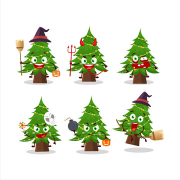 Halloween expression emoticons with cartoon character of christmas tree