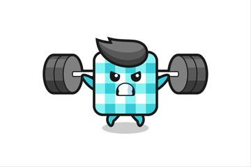 checkered tablecloth mascot cartoon with a barbell