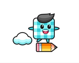 checkered tablecloth mascot illustration riding on a giant pencil
