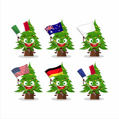 Christmas tree cartoon character bring the flags of various countries