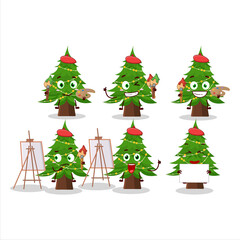 Artistic Artist of christmas tree cartoon character painting with a brush