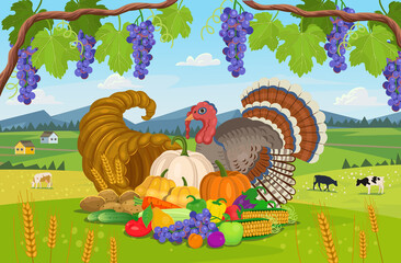 Thanksgiving with cornucopia, vine and turkey  the background of the village.Thanksgiving with cornucopia and turkey. Vector.