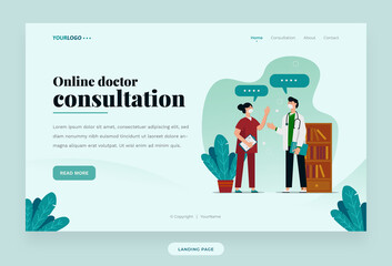 Landing Page web template, with illustration doctor, plant and bookshelf