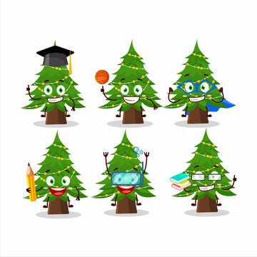 School student of christmas tree cartoon character with various expressions