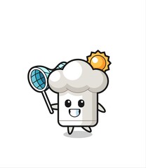 chef hat mascot illustration is catching butterfly