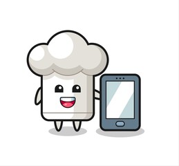 chef hat illustration cartoon holding a smartphone