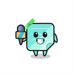 Character mascot of sticky notes as a news reporter