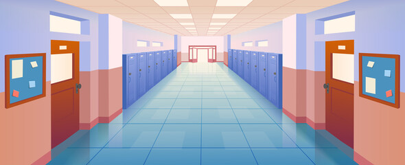 Interior school corridor with doors and lockers vector illustration. Empty school or college hallway. Vector cartoon illustration. © NADEZHDA