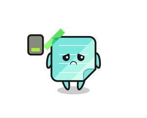 sticky notes mascot character doing a tired gesture