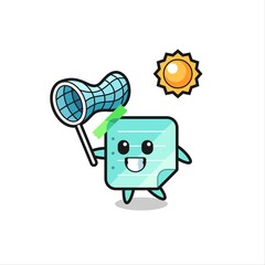 sticky notes mascot illustration is catching butterfly