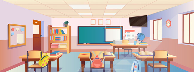 Cartoon classroom interior with view on blackboard, school desks with chairs, bookcase, door and window. Flat Vector Illustration. - obrazy, fototapety, plakaty