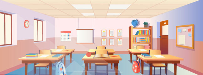 Cartoon classroom interior with view on school desks with chairs, bookcase, door and window. Flat Vector Illustration. - obrazy, fototapety, plakaty