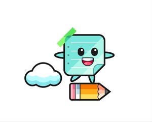 sticky notes mascot illustration riding on a giant pencil