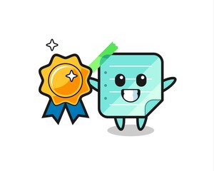 sticky notes mascot illustration holding a golden badge