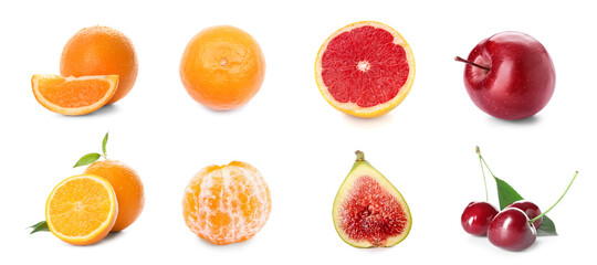 Set of bright fruits and berries on white background