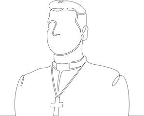 One continuous line.
Male character professional priest in a cassock with a cross
One continuous drawing line logo isolated minimal illustration.