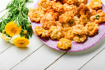 Chrysanthemum flowers roasted in batter