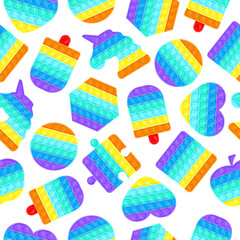 Pop it seamless pattern. Antistress pop it silicone bubbles toys texture, sensory rainbow vector background illustration. Silicone antistress toys backdrop - obrazy, fototapety, plakaty