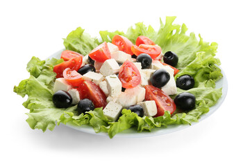 Plate with fresh Greek salad on white background