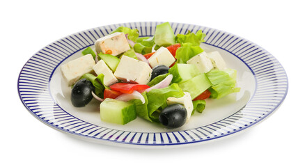 Plate with fresh Greek salad on white background