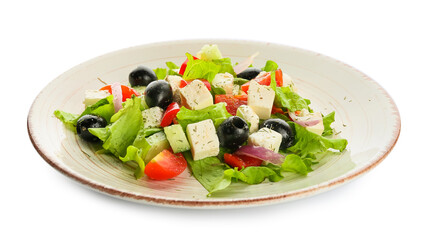Plate with fresh Greek salad on white background